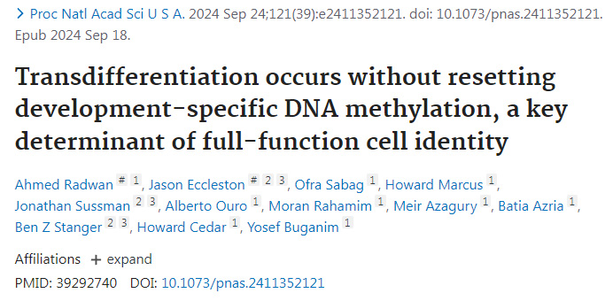 轉(zhuǎn)分化發(fā)生時(shí)不會(huì)重置發(fā)育特異性DNA甲基化是全功能細(xì)胞身份的關(guān)鍵決定因素
轉(zhuǎn)分化發(fā)生時(shí)不會(huì)重置發(fā)育特異性DNA甲基化是全功能細(xì)胞身份的關(guān)鍵決定因素
