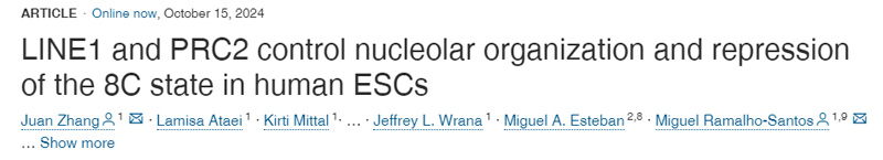 LINE1和PRC2控制人類胚胎干細胞核仁組織和8C狀態(tài)的抑制
LINE1和PRC2控制人類胚胎干細胞核仁組織和8C狀態(tài)的抑制