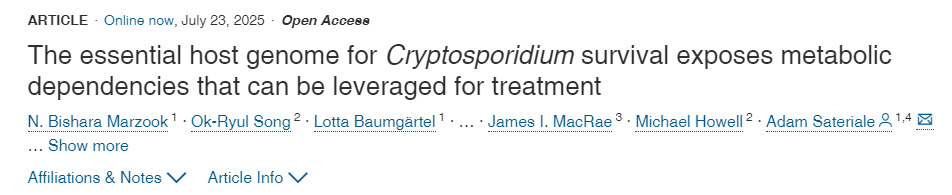 揭示隱孢子蟲生存必需的宿主基因組，暴露可用于治療的代謝依賴性