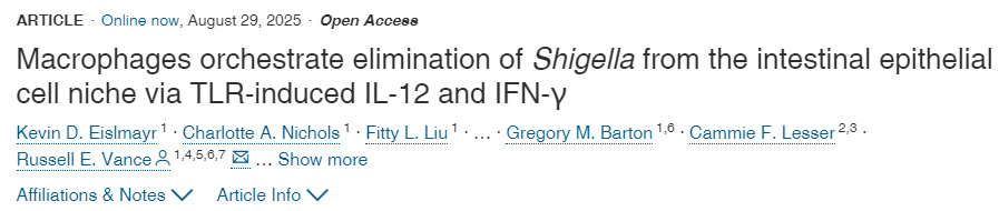 巨噬細胞通過Toll樣受體誘導的白細胞介素12與γ干擾素，協(xié)調清除腸上皮細胞微環(huán)境中的志賀氏菌